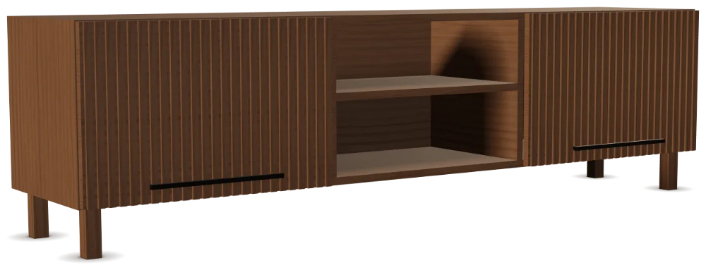 Centro de Entretenimiento TV en nogal con puertas ranuradas, fotografiado del modelo 3D de Robledal